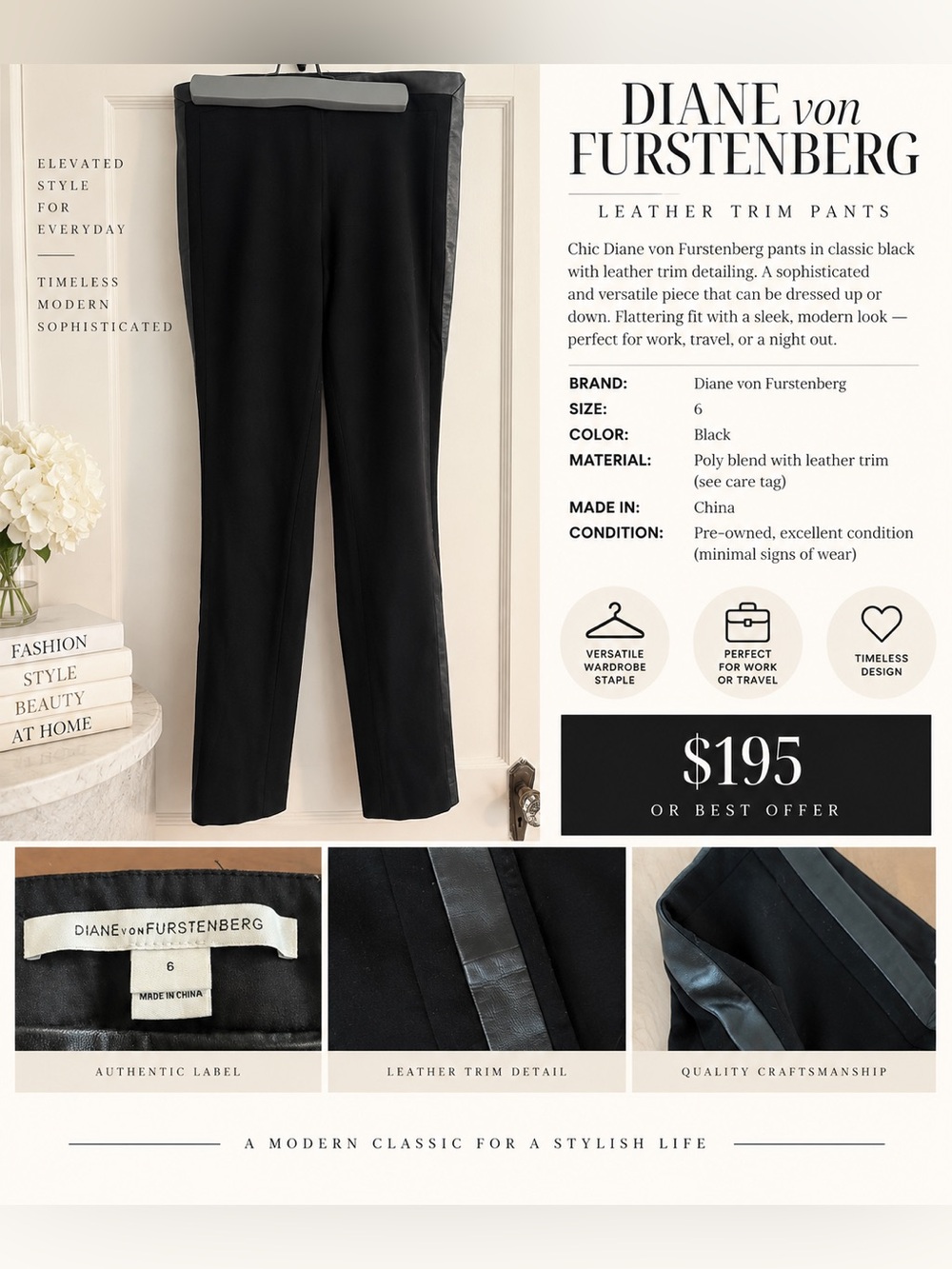 Diane von Furstenberg Black Slim Straight Pants with Leather Side Trim